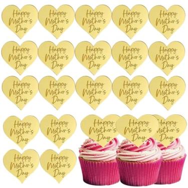 Imagem de Happy Mothers Day Cupcake Topper, 25 Pcs Gold Acrylic Mirror Disc Heart-shaped Cake Engraved Cake Topper Cupcake Decorations for Mother's Day Baking Dessert Decor