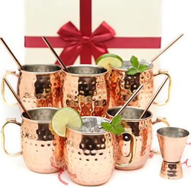 Imagem de Kitchen Science [Conjunto de presente] Canecas Moscow Mule, Cofres de Cobre Forrado de Aço Inoxidável Conjunto de 6 (510 g) com Canudos, Jigger, Colher e Escova | Interior de aço inoxidável resistente a manchas