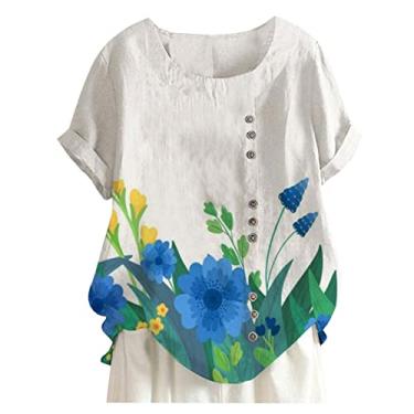 Imagem de Camiseta feminina de verão, estampa floral, de linho, gola redonda, manga curta, caimento solto, casual, túnica, Azul, XXG