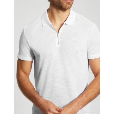 Imagem de GUESS Camisa polo masculina com zíper, Branco puro, G