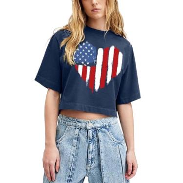 Imagem de PKDong 4th of July Crop Tops for Women USA Camiseta Cool Patriotic Gola Redonda Meninas Casual Feminino Tops Modernos, Azul escuro, 3G