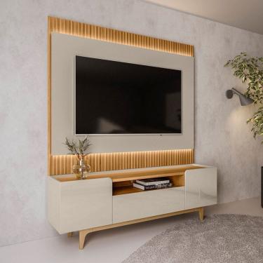 Imagem de Rack com Painel para TV Até 70 Polegadas Orlando 3 Portas Ripado com Led Tauari/Off White Brilho - Linea Brasil