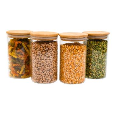 Imagem de Kit 4 potes de vidro 1,1L tampa de bambu herméticos redondos - Tüd