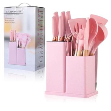 Imagem de Kit Utensilios Silicone 19 pçs cabo de madeira sem BPA Rosa - BH Impor