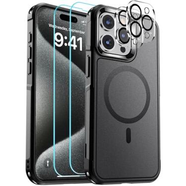 Imagem de SUPFINE Capa magnética para iPhone 15 Pro, [compatível com MagSafe] [proteção contra quedas de grau militar de 15 pés] [2 peças de tela de vidro temperado + protetor de lente da câmera] Capa de