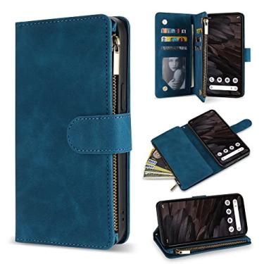 Imagem de ZZXX Capa carteira para Google Pixel 7A com compartimento para cartão com bloqueio de RFID, couro sintético macio, zíper e alça de pulso, capa protetora para Google 7A (15,5 cm azul)