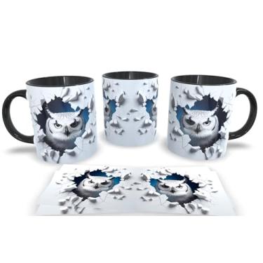 Imagem de Caneca Preta de Porcelana Personalizadas Arte Espelhada em 3D Animais (Coruja 6)