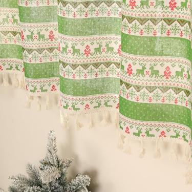 Imagem de Cortinas de Natal listradas semitransparentes para sala de estar de 152 cm de comprimento, painéis de cortina de janela curta com estampa de veado verde com bolso de borla, cortinas de quarto de