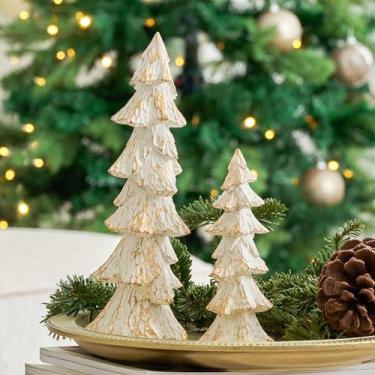 Imagem de Estatuetas vintage de árvore de Natal brancas com ouro, enfeites de árvore de Natal de 24,5 cm, centros de mesa para decoração de mesa de manto, conjunto de 2 árvores decorativas para decoração de