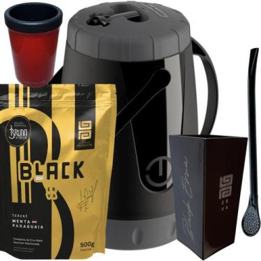 Imagem de Kit Para Tereré Garrafa Lisa Black Erva Mate 500g Copo Cuia Quadrado A