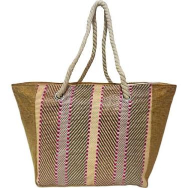 Imagem de Bolsa de Praia Bege Colorida Feminina Listrada Alça Verão Piscina Merc