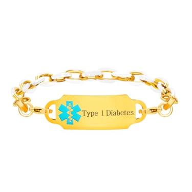 Imagem de Uloveido Pulseira médica com gravação gratuita | Pulseiras de saúde de emergência à prova d'água banhadas a ouro | Joias de identificação médica gravadas | Corrente cubana personalizada 19 cm + 5 cm