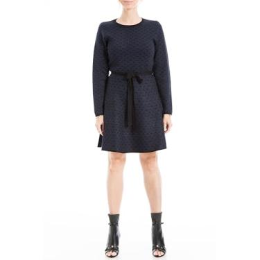 Imagem de Max Studio Vestido feminino de malha jacquard evasê colado ao corpo estilo swing suéter com cinto, Arco cruzado, preto/safira, M