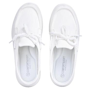 Imagem de Buyrew Mules para mulheres, sapatos sem cadarço, confortáveis, de lona, para caminhada, com suporte de arco, tamancos respiráveis, chinelos de casa, Branco, 36