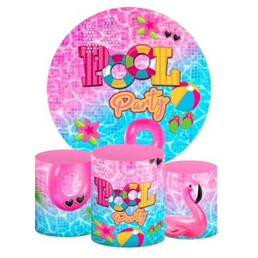 Imagem de Kit Decoração Festa de Aniversário Master Painel Redondo 1,50 + Trio de Capas de Cilindro Pool Party Rosa Festa na Piscina