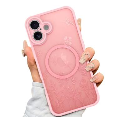 Imagem de AIGOMARA Capa magnética para iPhone 16 [compatível com MagSafe] linda capa floral floral para mulheres meninas TPU macio amortecedor rígido PC traseira antiqueda à prova de choque capa fina - rosa