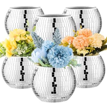 Imagem de Vaso de bola de discoteca, vaso de 6 peças, para centros de mesa, decoração de bola de discoteca, vaso de flores com vidro espelhado prateado para casamento, aniversário, festa (10 x 12 cm)