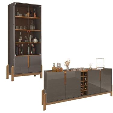 Imagem de Aparador Buffet 190 Com Cristaleira Lizz Pés Madeira Maciça Cinza Perola/cedro