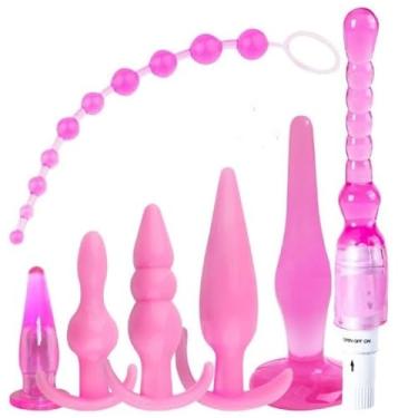 Imagem de Kit Plug Anal em Silicone, 7 Peças, Rosa, com Vibrador Multivelocidade