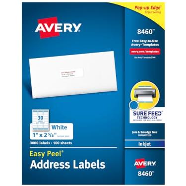 Imagem de Avery Etiquetas de endereço com Sure Feed para impressoras a jato de tinta, 2,5 cm x 6,5 cm, 3.000 etiquetas, adesivo permanente (8460), branco