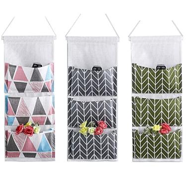 Imagem de Bolsa de armazenamento para pendurar no armário de parede, organizador KINGREE de tecido de linho premium sobre a porta, bolsas de armazenamento penduradas com 3 bolsos para banheiro do quarto - à prova d'água e elegante (listras)