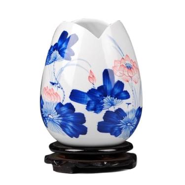 Imagem de Vaso Cerâmica Chinesa Moderna Azul e Branca Esmalte Pintado à Mão Vaso de Lótus Vermelho Arranjo de Flores Decoração de Sala de Estar Vaso de flores