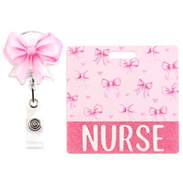 Imagem de Cheerupp Porta-cartão de identificação com laço rosa com glitter e carretel de crachá com clipe de jacaré giratório para enfermeira, protetor de crachá de identidade acrílico com tema de arco e
