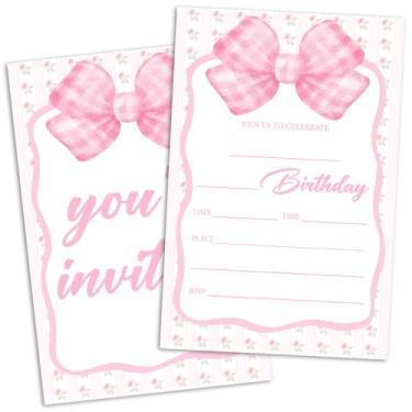 Imagem de RLCNOT Convites de aniversário de laço rosa, convites de festa de aniversário para meninas, adultos, adolescentes, mulheres, suprimentos para celebração de festa de aniversário, 20 convites de
