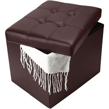Imagem de Puff de armazenamento, ABIOYEAR Cadeira dobrável para pés com assento acolchoado de espuma mais grossa Armazenamento de couro Pequeno Banco de otomano Apoio para os pés para sala de estar Mesa de café dobrável 43 x 33 cm x 33 cm, Marrom