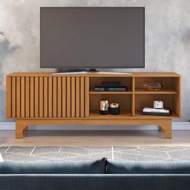 Imagem de Rack Bancada para TV Até 70 Polegadas Nazaré 1 Porta Ripado Cinamomo - Pnr Móveis