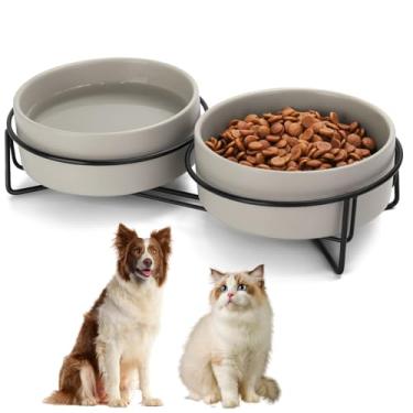 Imagem de Conjunto de tigelas de cerâmica para cães e gatos, com suporte, 3,6 xícaras, ração para cães e água, adequado para animais de estimação pequenos e médios (813 g cinza)