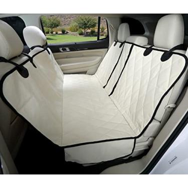Imagem de Capa de assento de cachorro com rede para banco traseiro dobrável 60/40 dividido e cinto de segurança médio capaz - serviço pesado - Tan Regular - para carros, SUVs e caminhões pequenos - Empresa com sede nos EUA