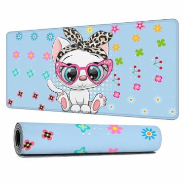 Imagem de Y YIHANGBEST Tapete de rato fofo com desenho de gatinho e gato, laço e coração, decoração GG, tapete de teclado para jogos, para mesa, computador, escritório, casa 35,4 x 15,17 cm