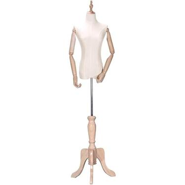 Imagem de CUTPOIY Suporte de manequim de tronco, manequins femininos, vestido de manequim feminino, forma de tronco para exibição de roupas, ajustável feminino moldado com tripé de madeira (cor de madeira