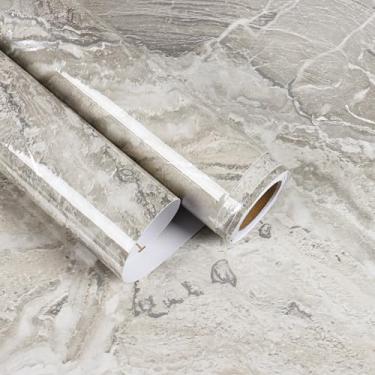 Imagem de EaseStick Papel de contato de mármore prateado bege para bancadas à prova d'água brilhante papel de parede de mármore líquido descascar e colar papel de parede bege 39,9 cm x 406,4 cm de espessura de