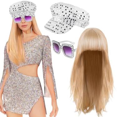 Imagem de Acessórios femininos para discoteca dos anos 70, bijuterias, colar de bola de discoteca, brincos, brincos, óculos de sol, chapéu boina de lantejoulas, Branco, One Size