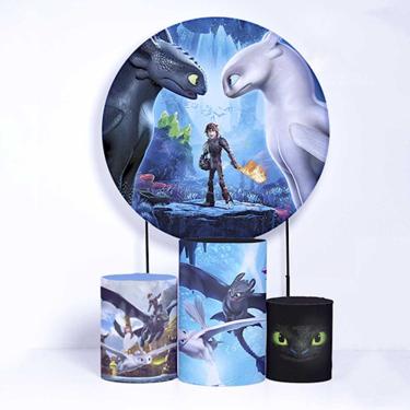 Imagem de Kit Painel de Festa Redondo de 1,50m e Trio de Cilindros Como Treinar Seu Dragão - Fera Print