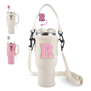 Imagem de Initial Water Bottle Holder Bag for Stanley 40oz Tumbler, Personalized Cup Carrier Bag with Hand & Adjustable Shoulder Strap, Letter Straw Cover Cap & Chains for Stanley Cup Accessories(Beige-Pink R)