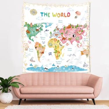 Imagem de Riyidecor Tapeçaria de mapa infantil 138 cm L x 139 cm A colorido desenho animado mundo bonito ferramentas educacionais aprendizagem geografia continentes pendurar na parede para meninos meninas sala