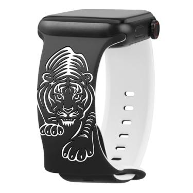 Imagem de Pulseira de relógio inteligente Art Collection para Apple Watch – design dragão tigre, cobra lobo e águia calva, preto e branco, compatível com Apple Watch séries 9/8/7/6/SE/Ultra (listrado selvagem