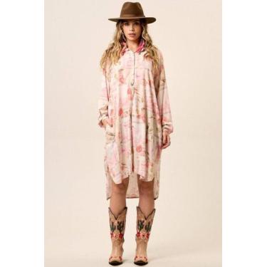 Imagem de Chemise Amplo Alongado Com Mangas Longas Bege Estampado Yacamim M9, M,