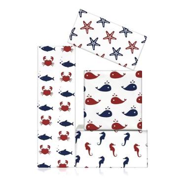 Imagem de Geluode Papel de embrulho oceano mar, estrela-do-mar, cavalo-marinho, baleia, caranguejo, 73,7 x 50,8 cm, 8 folhas planas dobradas sob o mar, papel de embrulho para aniversário, férias, festa