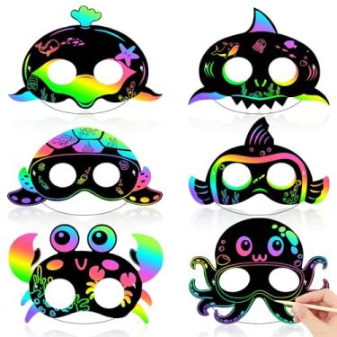 Imagem de AUGSUN 30PCS Ocean Crafts, Colorful Ocean Animals Scratch Masks DIY Under The Sea Scratch Off Cards Magic Rainbow Scratch Art Summer Party Favors School Activities