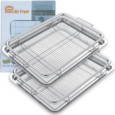 Imagem de Pacote com 2 cestas de fritadeira a ar para forno, cesta grande de 39,6 x 29,5 cm para fritadeira a ar e bandeja antiaderente de aço inoxidável para cozinhar, assar e grelhar
