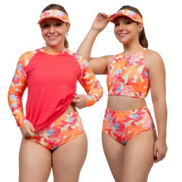 Imagem de Kit Blusa Uv + Top com Bojo + Hot Pant Praia Fitness + Brinde Viseira 