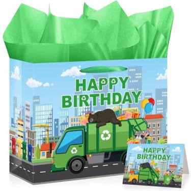 Imagem de TAKEALOOKO Saco de presente de decoração de aniversário de caminhão de lixo - Saco de presente temático de caminhões de lixo com cartão e papel de seda, sacos de lembrancinhas de festa de carro de