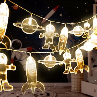 Imagem de 50 LEDs para quarto infantil LED cordão de luz de astronauta nave espacial foguete pingentes luzes de festa de feriado janela de parede berçário ou quarto de crianças decoração casamento ao redor do jardim festa pátio Natal (branco quente)