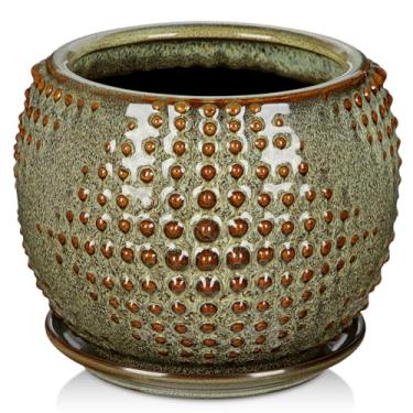 Imagem de Vaso de cerâmica para plantas de interior, vaso de 18 cm com orifício de drenagem e pires, vaso decorativo marrom com pires, vasos de flores internos e externos para suculentas, cobras, orquídeas