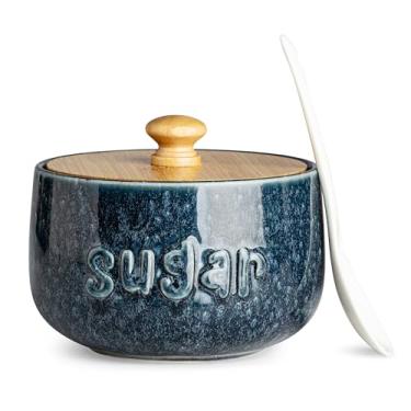 Imagem de LYEOBOH Açucareiro com tampa e colher, pote grande de açúcar de 500 ml para bancada, açucareira de cerâmica para café, azucarera para casa de fazenda e cozinha - presente de inauguração, azul marinho