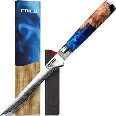 Imagem de CRICO Faca de desossar 14 cm, facas de filete flexíveis, VG10 Damasco super aço forjado 67 camadas, cabo completo de madeira e resina, caixa de presente – série Flow